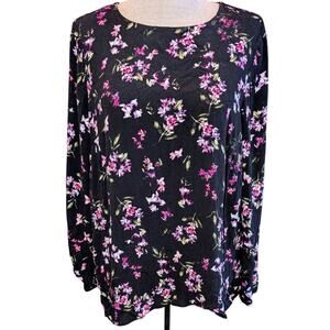 J. Jill Floral Blouse Medium Black Pink Boho Long Sleeve Top Shell Button